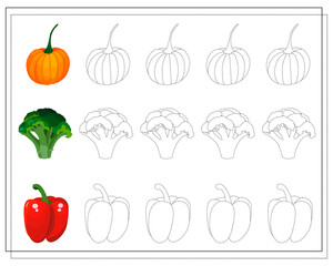 game for kids outline, practice handwriting, vegetables pumpkin, broccoli, pepper. vector isolated on a white background