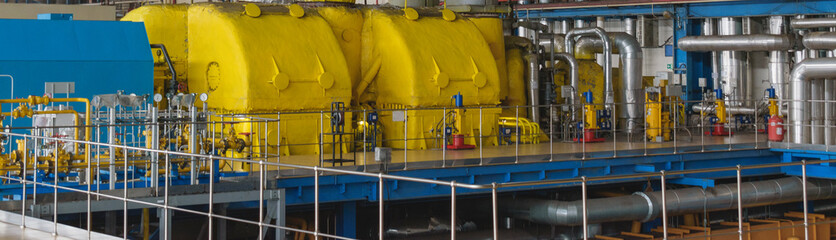 Industrial landscape. Panorama of the engine room, pipe, sensors. The concept of production,...