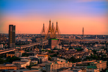 Naklejka premium Background of high-rise buildings in the heart of the city,Bangkok, with a variety of traffic both water and land, easy to connect many routes