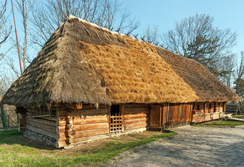 Fototapeta na wymiar Ukrainian traditional countryside village house with straw roof