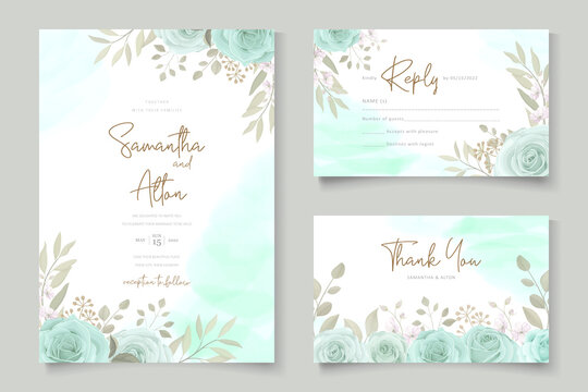 Elegant wedding invitation template with turquoise color floral ornament