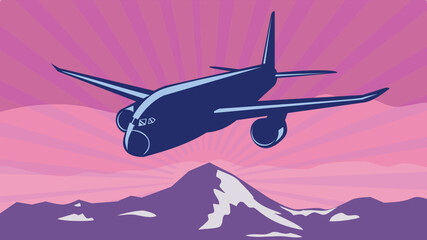 WPA poster art of a jumbo jet plane or airplane flying over mountains with sunburst in background done in works project administration or federal art project style.