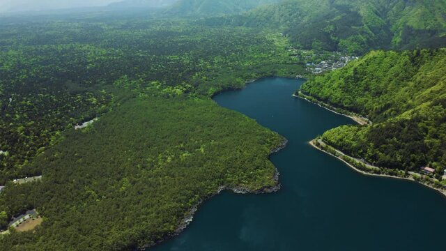 新緑の西湖と青木ヶ原樹海空撮