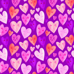 Colorful seamless pattern with smiling watercolor hearts. 