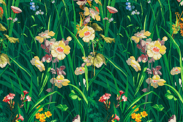 Green grass with yellow flower background