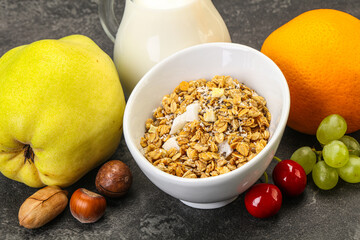 Breakfast with granola and milk