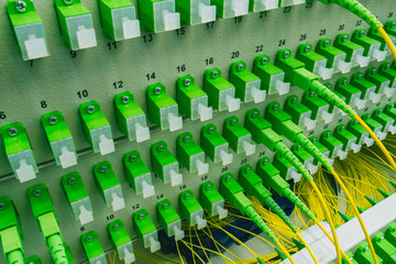 Fototapeta premium Optical distribution panel with optic patch cord cables, gigabit passive optical networks