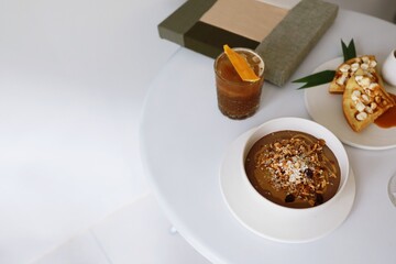 Healthy breakfast. Fresh granola muesli with yogurt Bowl of muesli