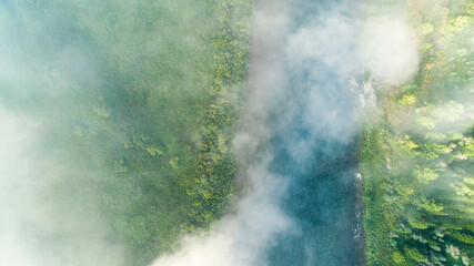 top view of a green forest with a bright blue river with fog and white clouds. photo wallpaper and promotional products for summer vacations and morning landscapes
