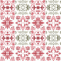 Tile pattern seamless with ornaments. Watercolor  texture for kitchen wall or bathroom flooring ceramic.