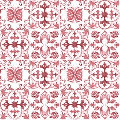Tile pattern seamless with ornaments. Watercolor  texture for kitchen wall or bathroom flooring ceramic.