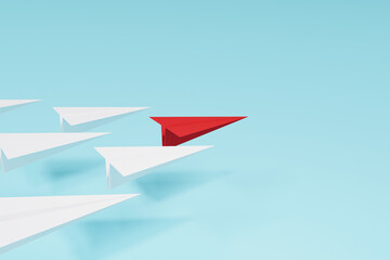 Fototapeta na wymiar Leadership concept. Red paper airplane leading among white on cyan background. 3d illustration