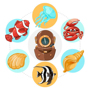 Cartoon Underwater Life Concept With Diver Helmet Fish Jellyfish Shells Crab Colorful Circles Illustration