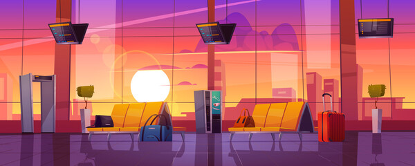 Waiting room in airport terminal with chairs, security scanner, luggage and schedule display at evening. Vector cartoon interior of departure area with seats, metal detector and sunset sky outside