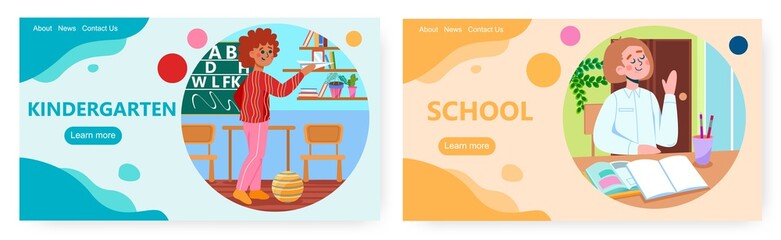 Child development landing page design, website banner vector template set. Kindergarten, preschool, school education.