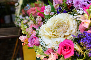 Flower arrangement with cabbage-shaped flower. Beautiful bouquet of flowers.