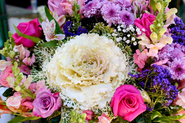 Flower arrangement with cabbage-shaped flower. Beautiful bouquet of flowers.