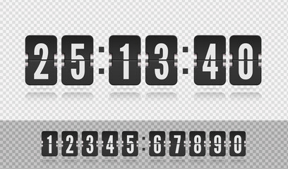 Scoreboard number floating font with reflections on transparent background. Analog airport board countdown timer with hour and minute flip number. Vintage flip clock time counter vector template.