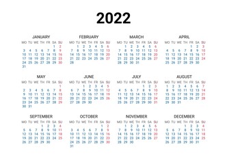 2022 year Englich calendar. Classical, minimalistic, simple design. White background. Vector Illustration. Week starts from Monday.