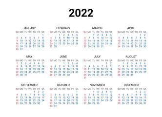 2022 year American calendar. Classical, minimalistic, simple design. White background. Vector Illustration. Week starts from Monday.