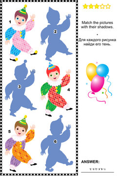Visual puzzle or picture riddle: Match the pictures of cute little circus clowns to their shadows. Answer included.
