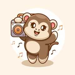 Cute monkey listening music with boombox cartoon