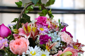 Beautiful floral arrangement with flowers of various types and colors. Beautiful colorful flower bouquet.