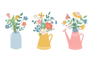 Obraz premium A set of cute beautiful flower bouquets in a jar, jug and watering can. Vector image in a flat style on a white background. Floral decor for invitations, postcards, stickers