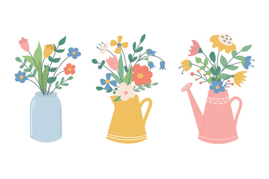 A set of cute beautiful flower bouquets in a jar, jug and watering can. Vector image in a flat style on a white background. Floral decor for invitations, postcards, stickers