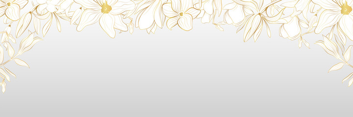 Vector banner with gold flowers in line art style. Golden flowers of lilies.
