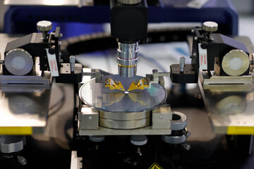silicon semiconductor wafer on RF probe station - obrazy, fototapety, plakaty
