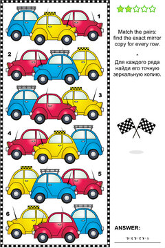 Visual logic puzzle or picture riddle: Match the pairs - find the exact mirrored copy for every row of colorful cars. Answer included.

