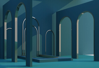 3d rendering of abstract interior design. Empty modern showroom with architectural elements