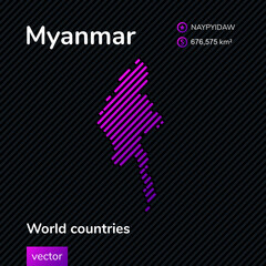 Vector creative digital neon flat line art abstract simple map of Myanmar with violet, purple, pink striped texture  on black background. Educational banner, poster about Myanmar