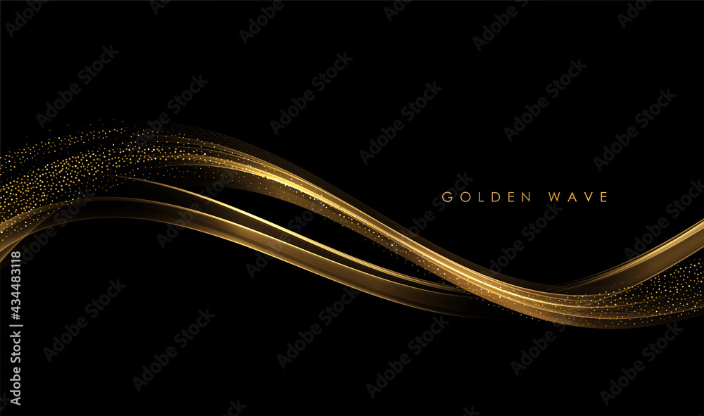Aufkleber Abstract Gold Waves. Shiny golden moving lines design element with glitter effect on dark background for greeting card and disqount voucher.