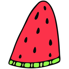 red tropical exotic fruit - watermelon slice with seeds, vector color doodle element with black outline