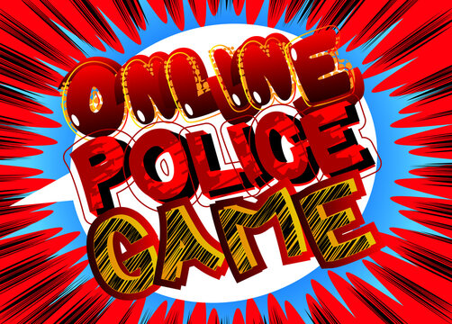 Online Police Game - comic book word on colorful pop art background. Retro style for prints, posters, social media post, banner. Vector cartoon illustration.