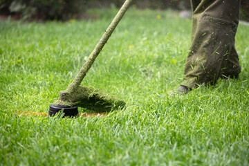 Lawn mover on green grass. Machine for cutting lawns.