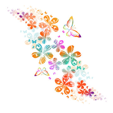 Abstraction with colorful cute simple flowers and butterflies. Vector illustration