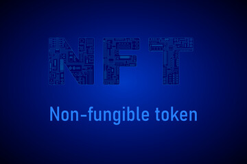NFT theme design. Non-fungible token in circuit board style. Technology of data on a digital ledger called a blockchain. Vector Illustration.