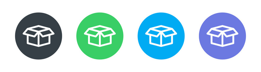 Empty open shipping box or unboxing line vector icon.
