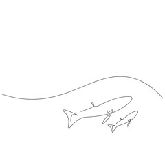 Whales family on sea line drawing vector illustration