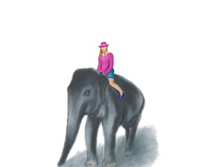 Hand drawn illustration of a young girl in a pink hat sitting astride a large beautiful gray elephant
