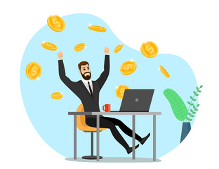 Successful businessman with laptop get money . Online income commerce business man. Joyful person makes passive profit or gain. Web gambling and earning concept. Coin from internet illustration