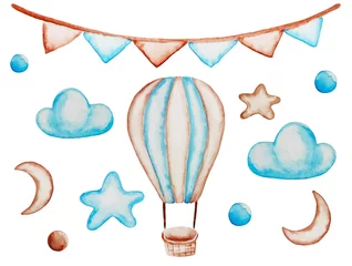 Crédence de cuisine en verre imprimé Chambre de bébé Ensemble aquarelle de montgolfière et de nuages