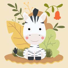 Cute zebra poster and merchandising with leaves background Free Vector