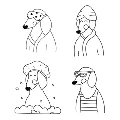Set of funny dachshunds icons.
Outline vector illustrations. Best for greeting cards design.  