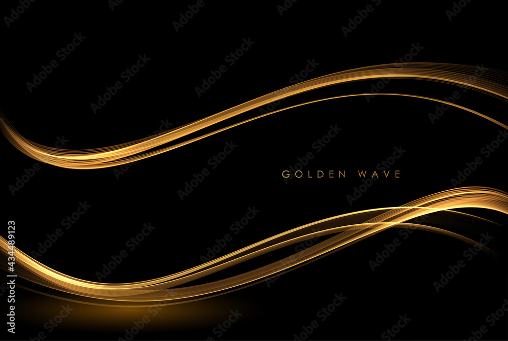 Poster Abstract Gold Waves. Shiny golden moving lines design element with glitter effect on dark background for greeting card and disqount voucher.