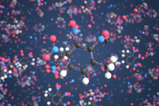 Trinitrotoluene molecule made with balls, conceptual molecular model. Chemical 3d rendering