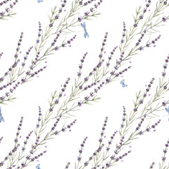 Beautiful seamless floral provence pattern with watercolor hand drawn gentle lavander flowers. Stock illustration.